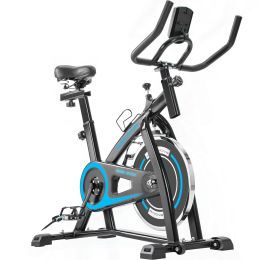 Indoor Cycling Bike Trainer with Comfortable Seat Cushion; Exercise Bike with Belt Drive System and LCD Monitor for Home Workout RT